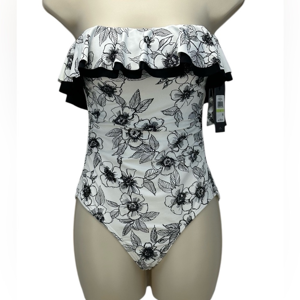 Tommy Hilfiger Strapless Floral Print One Piece Swimsuit - White Black - size 4